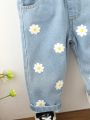 Baby Girls' Casual Cute Floral Doodle Light Blue Washed Soft Denim Straight Leg Jeans