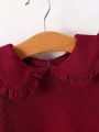 Infant Girls' Spring And Autumn Net Color Ribbed Knit Peter Pan Collar Long Sleeve Skin-friendly Comfortable T-shirt 3pcs Set