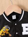 Baby Boy's Fashionable Street-Style Sporty Bull Pattern & Letter Embroidery Baseball Jacket With Pockets For Basketball & Baseball Team