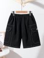 SHEIN Kids Cooltwn Tween Boys' Casual Letter Patched 3d Pockets Wide Leg Woven Shorts