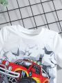 SHEIN Kids QTFun Young Boy White Vehicle Minimalist & Cute Street Style T-shirt, Regular Short Sleeve, Summer
