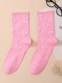 Reh Arte Pink Jacquard Mid-Calf Socks With Heart Pattern