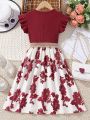 SHEIN Kids CHARMNG Girls Floral Print Ruffle Trim Belted Dress