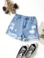 Teen Girls' New Casual Fashion Distressed Washed Denim Shorts