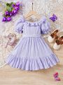 SHEIN Little Girls' Woven Solid Color Sweetheart Collar Dress With Detachable Belt, Puff Sleeve And Ruffle Hem