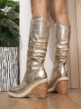 Women's Platform Chunky Heel Long Boots With Metallic Shiny Finish