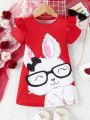SHEIN Kids EVRYDAY Young Girl's Cute Sweet Simple Fashion Cartoon Printed Short Sleeve Dress With Ruffled Hem