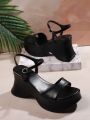 Women's Solid Color Platform Wedge Sandals With Ankle Strap
