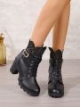 Women's Black Round Toe Chunky Heel Lace-up Fashion Boots, Pu