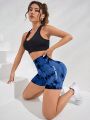Yoga Trendy Tie Dye Letter Graphic Wideband Waist Sports Shorts spandex shorts