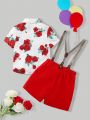 SHEIN Toddler Boys' Comfortable Casual Floral Printed Short Sleeve Shirt With Suspenders Shorts Set