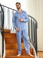 Men Plaid Print Letter Embroidery Contrast Piping PJ Set