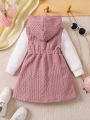 SHEIN Kids FANZEY Girls' Small Dress With Textured Pink Fabric And White Sleeves And Hooded Long-sleeved Dress, Fashionable And Versatile For Spring, Autumn And Winter.
