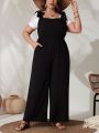 SHEIN VCAY Plus Size Waist-fitting Plunging Neckline Jumpsuit With Pleated Detail