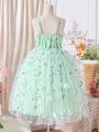 SHEIN Kids CHARMNG Tween Girl's Romantic And Elegant Mesh Pleated 3d Flowers Puffy Princess Dress With Large Swing, Suitable For Weddings And Parties In Spring And Summer