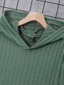 Men's Green Striped Ribbed Hooded Long Sleeve Top And Long Pants Set