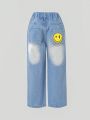 Young Girls' Street Style Printed Face Casual Comfortable Simple Straight Leg Jeans