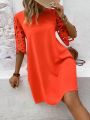 Women'S Solid Color Round Neck Loose Casual Dress With Hollow Out & Embroidery Details