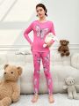 Teen Girls' Slim Fit Butterfly Printed Long Sleeve Top And Long Pants Sleepwear Set For Autumn