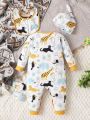 Baby Boys' Cute Animal Printed Romper With Hat, Gloves And Drool Bib Set