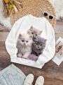 Teen Girl Cat Print Thermal Lined Sweatshirt