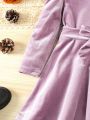 Little Girl's Solid Color Velvet Dress With Puff Sleeves And Waist Belt