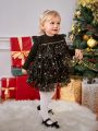 SHEIN Baby Girl 1pc Star Print Ruffle Trim Mesh Overlay Dress