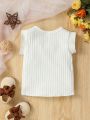 Baby Girl Simple Style Flying Sleeved T-Shirt With Heart Embroidery & Ribbed, Cute & Casual For Summer