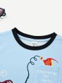 SHEIN Kids QTFun 1pc Young Boys' Cute Cartoon Shark Printed Round Neck Patch Pocket T-Shirt, Comfortable And Breathable, Suitable For Vacation And School, Spring And Summer