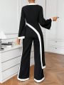 SHEIN Privé Women's Contrast Trim Bell Sleeve Split T-Shirt And Pants Set
