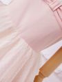 SHEIN Kids Cooltwn Tween Girls' Wedding Season Woven Hollow Out Shoulder & Mesh Dress