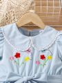 SHEIN Kids SUNSHNE 1pc Young Girl's Floral Embroidery Belted Short Sleeve Dress For Vacation, Summer