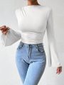 SHEIN Essnce Solid Bell Sleeve Ruched Bodysuit