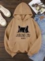 Plus Size Women's Cat & Letter Print Fleece Lined Hoodie With Drawstring