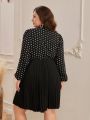SHEIN Clasi Plus Size Women's Polka Dot Printed Pleated Lantern Sleeve Dress