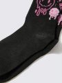JNSQ 1pair Black & Pink Asymmetrical Face Mid-calf Socks