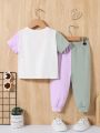 SHEIN Infant Boys' Casual Colorblock Short Sleeve T-Shirt And Elastic Waist Long Pants Set