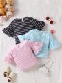 3pcs/set Baby Girls' Multi-color Striped Flared Sleeve Round Neck Elastic Top, Comfortable And Soft, Suitable For Spring And Summer