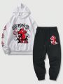 ROMWE Street Life 2pcs Men's Casual Hooded Sweatshirt And Long Pants Set With Letter Print
