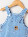Baby Boy'S Casual Loose Fit Sunglasses & Teddy Bear Embroidery Light Blue Denim Overalls With Washed Finish