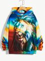 SHEIN Boys' Casual Animal Lion Print Hooded Pullover Knit Sweatshirt, For Tween