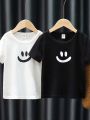 SHEIN Kids EVRYDAY 2pcs/Set Boys' Casual Smiling Face Black And White Short Sleeve T-Shirt For Summer
