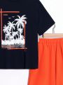 SHEIN Kids SUNSHNE Tween Boys' Casual Coconut Tree Print Round Neck Short Sleeve Loose Fit T-Shirt With Badge, Knitted Shorts Outfit Set For Vacation