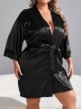 Plus Lace Cami Top & Satin Shorts & Belted Robe