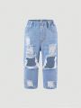 Baby Girls' Cool Street Distressed Ripped Casual Comfortable Light Blue Washed Straight Leg Jeans