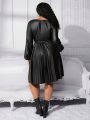 SHEIN CURVE+ Plus Size Women's Wrap Neckline Lantern Sleeve Pu Leather Dress