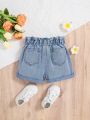 SHEIN SHEIN Young Girls' Spring Summer  Boho,Lovely Ruffle Trim Elastic Waistband Decorated Button Comfortable Soft Denim Shorts Jeans Shorts