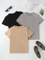 3pcs Teen Boy Solid Color Short Sleeve T-Shirt Basic Casual For Summer