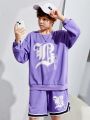 SHEIN Kids HYPEME Tween Boy'S Casual Street Style Letter Printed Round Neck Pullover Sweatshirt And Shorts Set