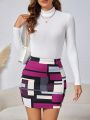 SHEIN Clasi Women's Solid Color Half Turtleneck T-shirt And Color Block A-line Skirt Two Piece Set